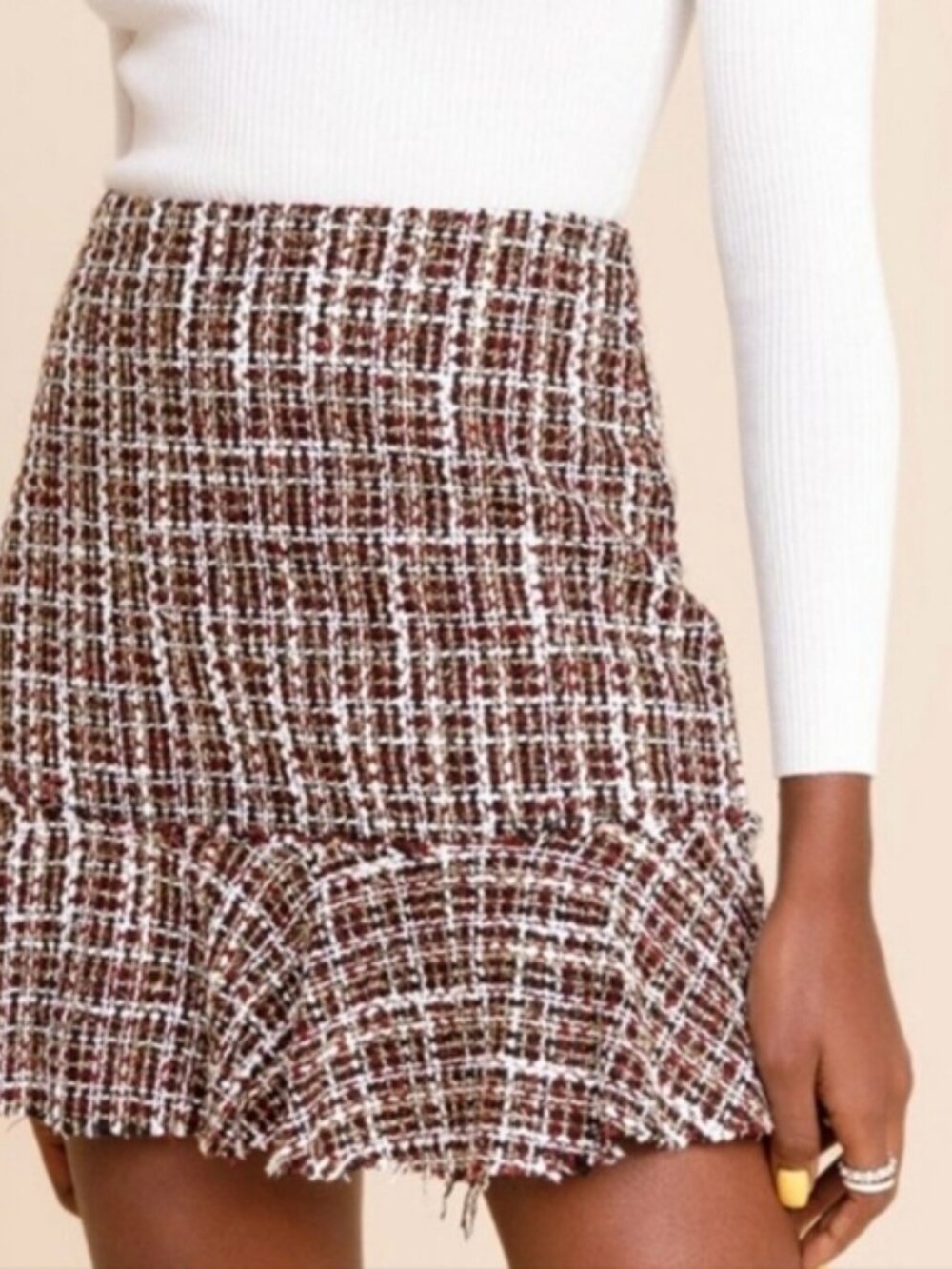 Francesca’s Alya Burgundy Plaid Tweed Ruffle Hem Skirt with Gold accents Petite